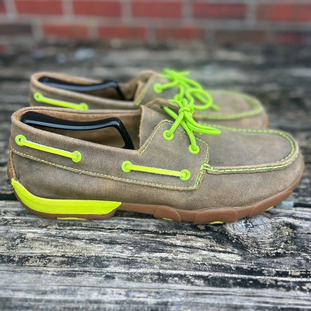 Twisted X Leather Brown Bomber Neon Yellow Driving Moc Boat Shoe MDM0018 Sz 9.5